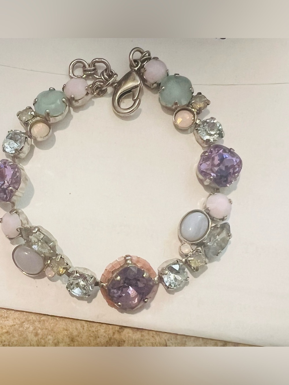Sorrelli Signed Retired Pastel Crystal Bracelet Water Lily Style Lavender Aqua